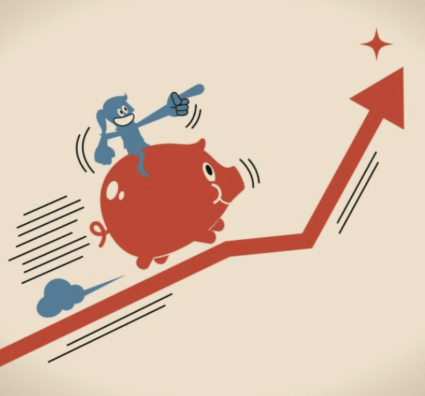 an illustration of girl riding in a piggy bank heading upward